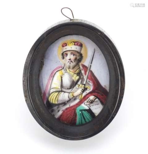 Antique Russian enamel icon hand painted with a St Joseph, housed in an ebonised framed, script to