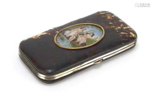 Victorian blonde tortoiseshell purse inset with a panel of two nude bathers, 14cm high : For Further