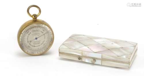 Mother of pearl concertina card case and a brass compensated pocket barometer by John Lennie of