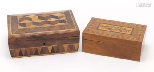 Two Victorian Tunbridge Ware boxes, the larger sarcophagus shaped example with tumbling blocks