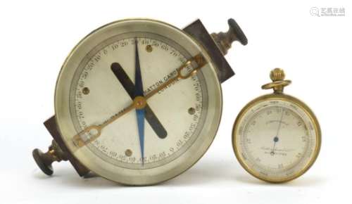 Brass cased compensated pocket barometer by Mottershead and Co of Manchester, and a compass