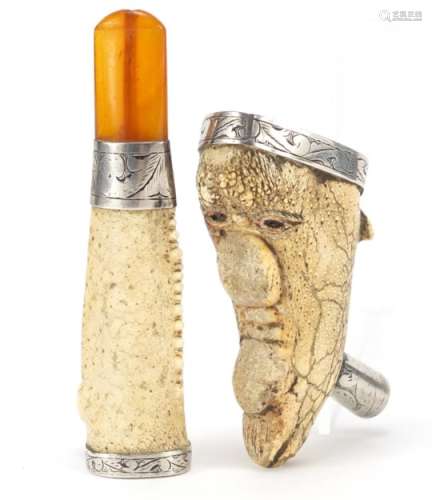 Two novelty silver mounted pipes, the largest 10.5cm in length : For Further Condition Reports