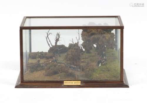 Hunting interest diorama titled 'Shooting Party' housed under in a glazed oak case, 24.5cm H x 45.