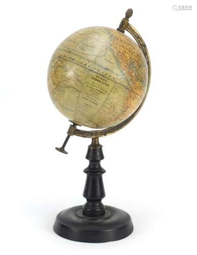 French terrestrial desk globe with ebonised stand, 37cm high : For Further Condition Reports