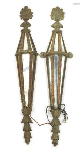 Pair of 18th century carved wood girondels with mirrored glass, shell topped and leaf bases, 90cm