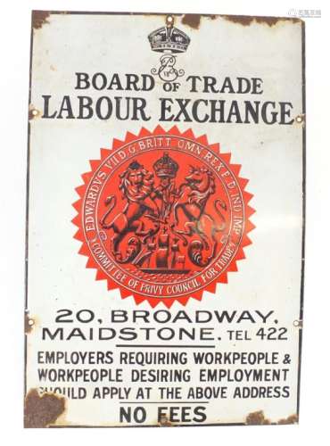 Board of trade labour exchange enamel advertising sign with coat of arms, 46cm x 30.5cm : For