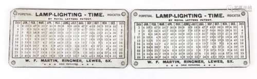 Pair of lighting lamp time perpetual indicator enamel advertising plaques by Royal Letters Patent,