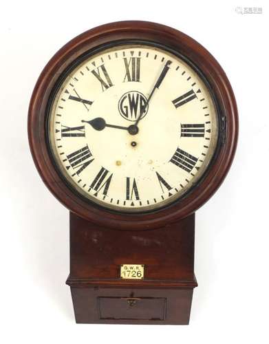 Mahogany cased Great Western Railway 14 inch drop dial wall clock with fusee movement, the painted