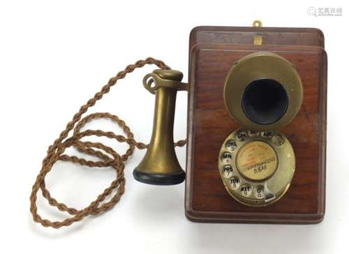 Vintage oak and brass wall telephone, 24.5cm high : For Further Condition Reports Please Visit Our