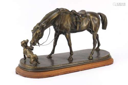 Large french patinated bronze study of a horse and dog in the manner of Isidore Bonheur, 44cm wide :