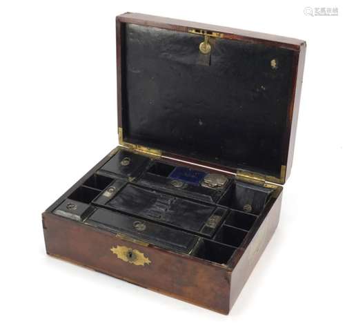 Victorian cross banded walnut writing box with fitted leather interior, having silver coloured