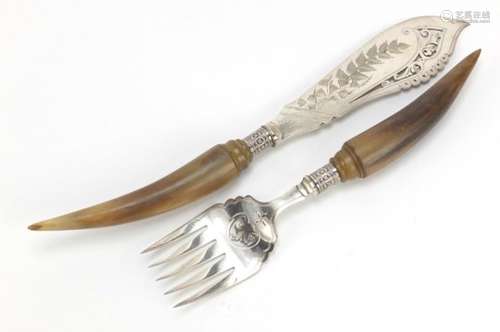 Pair of silver plated salad servers with horn handles, the largest 35.5cm in length : For Further