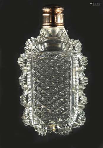 Victorian cut glass scent bottle with unmarked gold lid, 7.5cm high : For Further Condition