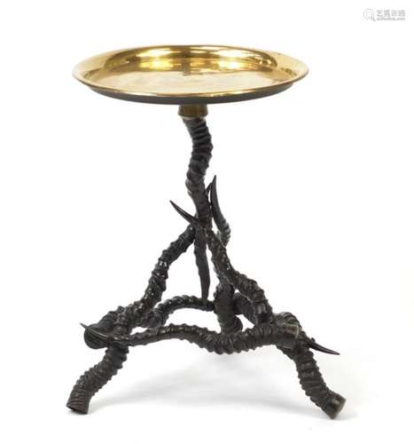 Taxidermy interest brass tray topped antler horn table, 53.5cm high x 35.5cm in diameter : For