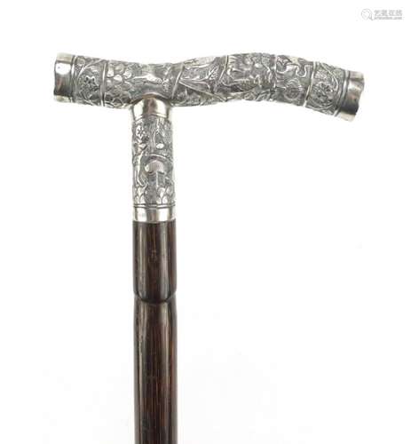 Bamboo walking stick with Indian unmarked silver handle embossed with village scene, engraved John