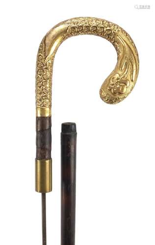 Victorian bamboo sword stick with an 18ct gold embossed handle, 91cm in length : For Further