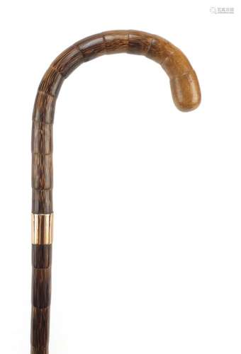 Bamboo walking stick with 9ct gold collar by Brigg of London, 86.5cm in length : For Further