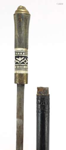 Indian ebonised sword stick carved bone section and horned handle, 90cm length : For Further