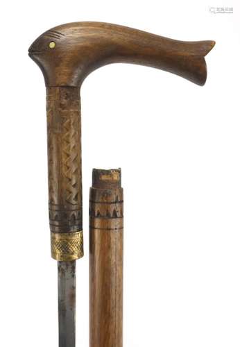 Indian sword stick with carved bone section, 91cm in length : For Further Condition Reports Please