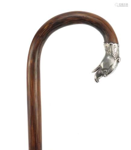 Walking stick with unmarked silver ducks head design mount, 86.5cm in length : For Further Condition