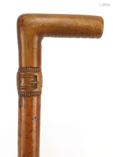 Malacca walking stick with carved belt design collar, 82cm in length : For Further Condition Reports