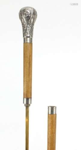 Oak sword stick with silver plated pommel and brass blade, 87.5cm in length : For Further