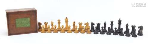 Staunton boxwood and ebony chess set, by Jaques & Son of London with mahogany box, the slide off lid