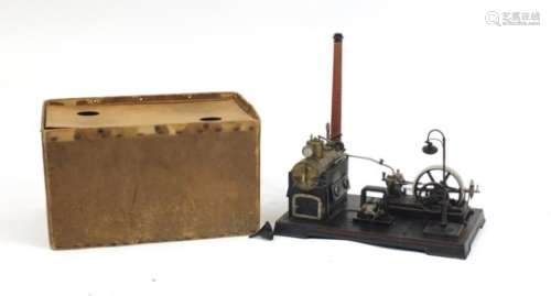 19th century German model steam engine with chimney and card box, 47cm wide : For Further