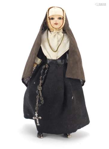 19th century doll with composite limbs and beaded eyes, 30cm high : For Further Condition Reports