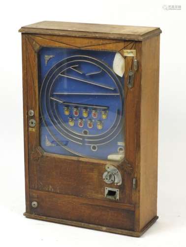 1920's oak cased penny pinball slot machine, 83cm H x 55.4cm W x 21.5cm D : For Further Condition