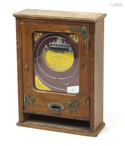1920's oak cased Allwin De Luxe penny pinball slot machine, 69.5cm H x 51cm W x 19.5cm D : For