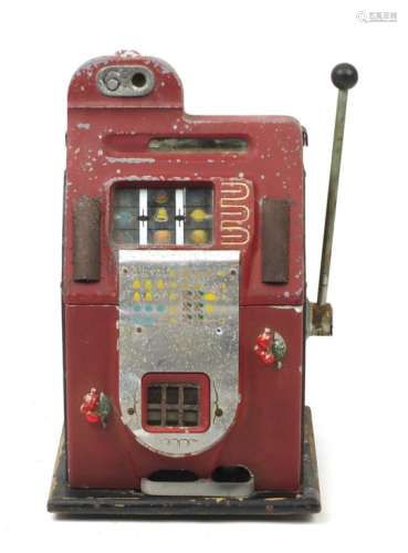 Vintage one arm bandit slot machine, 68cm H x 40cm W x 39cm D : For Further Condition Reports Please