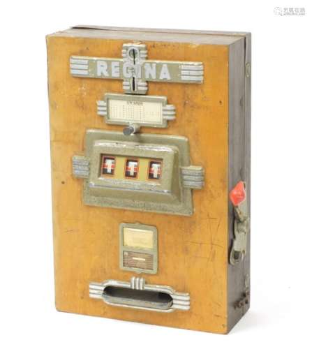 Vintage Regina wall mounted one arm bandit slot machine, 71.5cm H x 46.5cm W x 18.5cm D : For