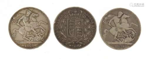 Three George IV and later crowns comprising dates 1821, 1821 and 1845 : For Further Condition