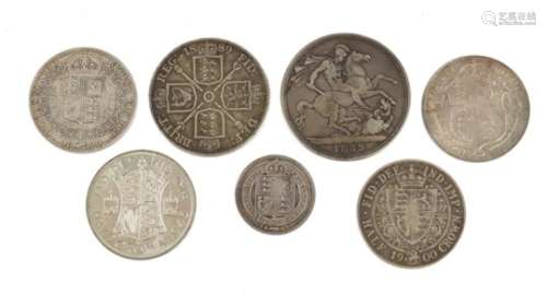 Victorian and later British coinage including 1889 crown, double florin and half crown, George V
