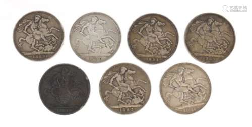 Seven William IV and later crowns comprising dates 1821,1889, 1889, 1891, 1893, 1896 and 1900 :