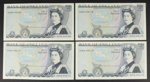Four Bank of England five pound notes with errors and consecutive serial numbers, each missing the