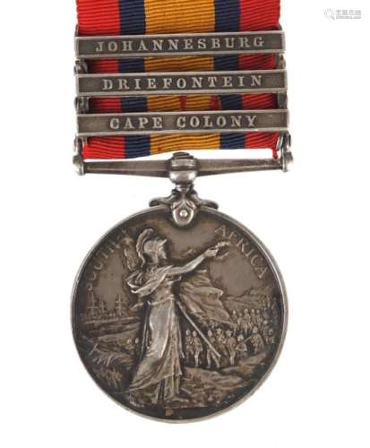 Victorian British military South Africa medal with Johannesburg, Driefontein and Cape Colony bars,