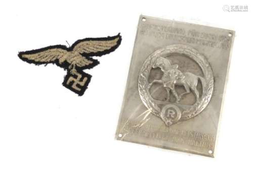 German Military interest cloth patch and silvered metal plaque, the plaque 7.5cm x 6cm : For Further