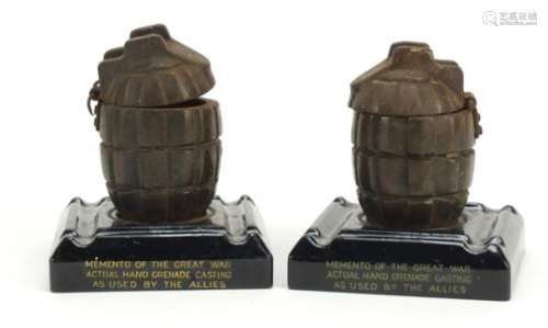 Pair of British Military hand grenade cast design inkwells, each 12.5cm high : For Further Condition