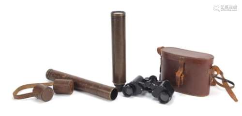 Pair of Dollond lunar 8 x 32 binoculars and two brass telescopes including a leather bound example