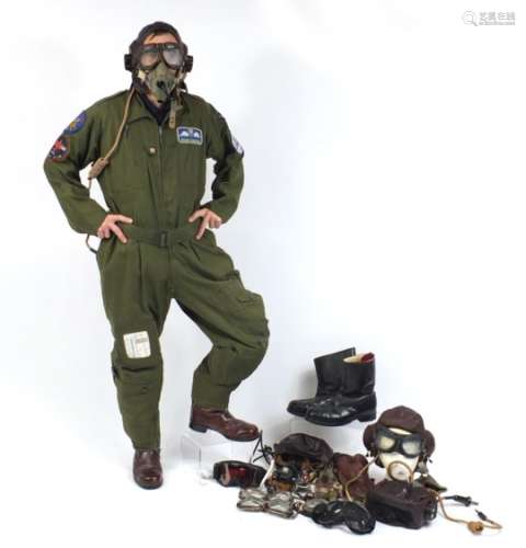 Collection of Military interest flying accessories including MK2 flying suit, two pairs of leather