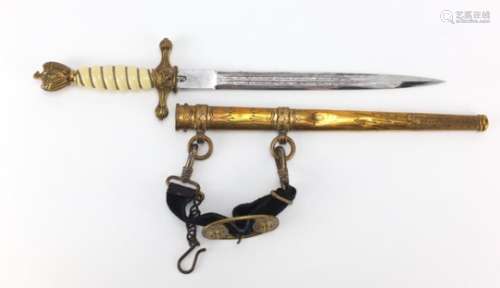 German Military interest Naval dagger with scabbard with etched steel blade by Carl Eickhorn, 42cm
