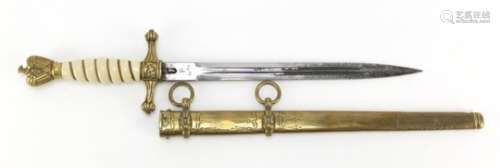 German Military interest Naval dagger with scabbard and steel blade impressed N.77, 42cm in length :