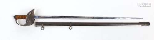 British Military dress sword with scabbard, the steel blade engraved with Regimental motifs, 103cm