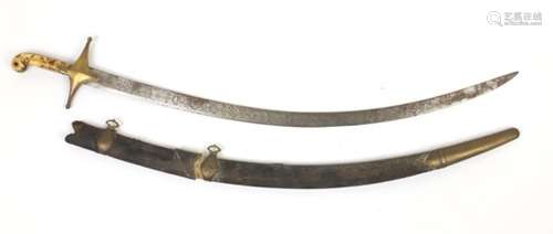 Antique Islamic Shamshir with bone handle, engraved steel blade and scabbard, the Shamshir 98.5cm in