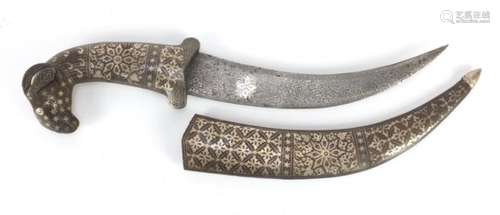 Indian Bidriware dagger with goat head handle and watered blade, 35.5cm in length : For Further