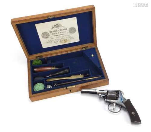 19th century percussion double action revolver by George Gibbs with oak box housing accessories