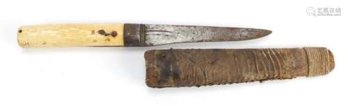 Inuit eskimo hunting knife with sheath and ivory handle, 30.5cm in length : For Further Condition