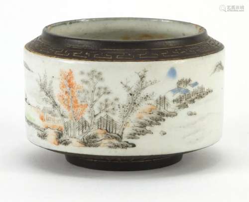 Chinese porcelain brush pot hand painted with figures in a river landscape, with seal marks, 9cm